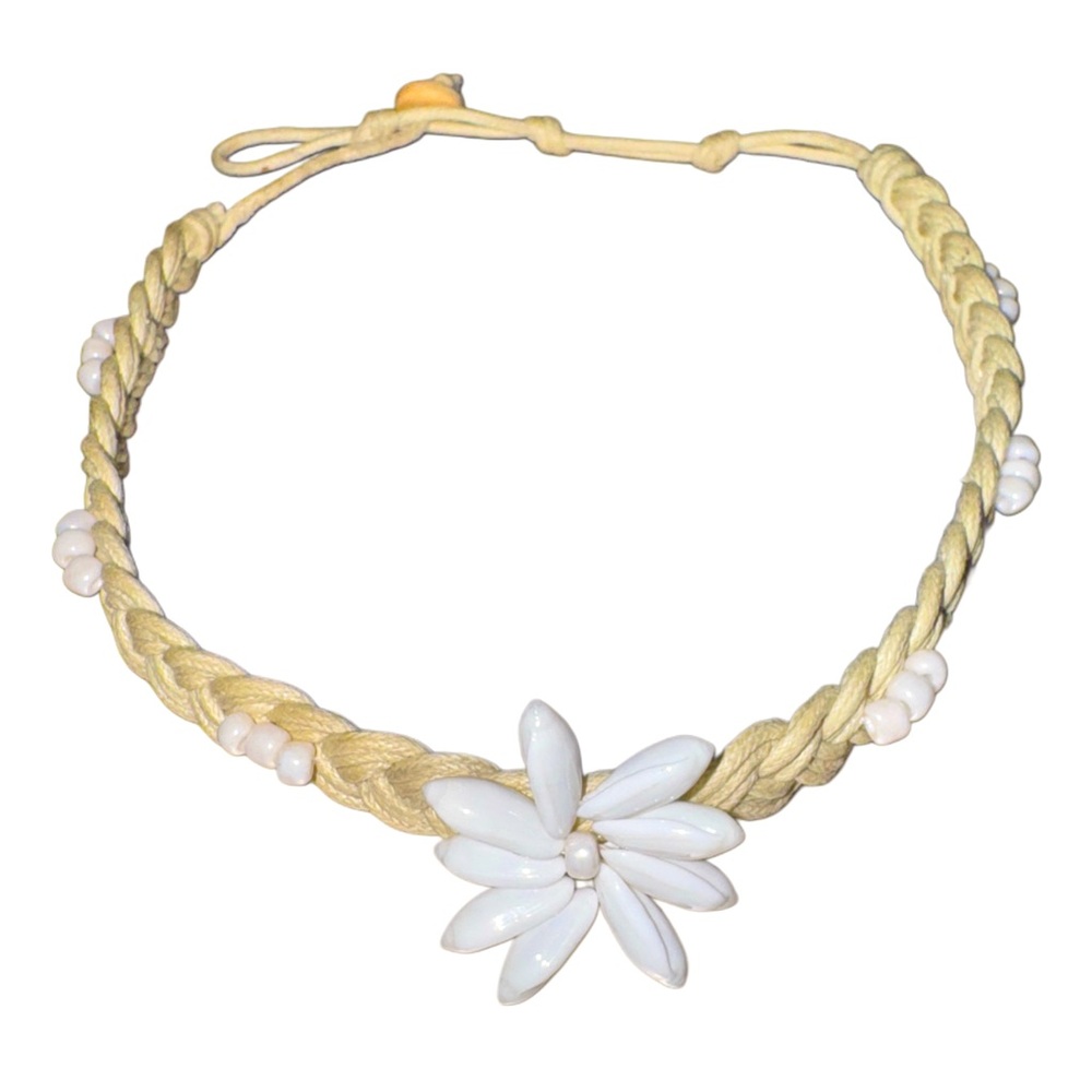 White Mongo Shell Tan Raffia Braided Choker Necklace
